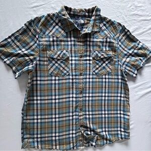 The North Face Plaid Shirt Blue Brown Short Sleeve Button Mens XL